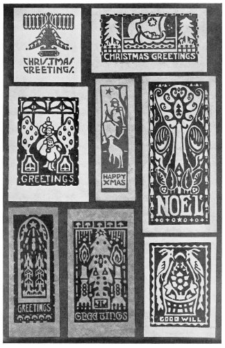 Plate 9 Strong, Well Massed Designs like these are well adapted to work in cut linoleum. If printed in a deep gray or brown and hand colored with light washes of transparent color they make an unusually rich looking card.