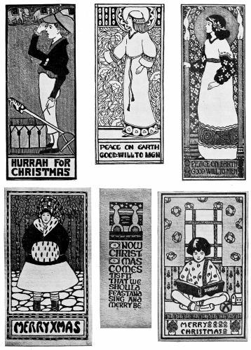 Plate 10 Cards using figures of the poster type. In these the accent has been placed on the decorative design quality. If properly done, such a problem gives the student fine training in spacing, balance and rhythm, and results in a highly artistic card.