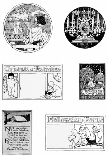 Plate 12 A Page of useful holiday designs. These may be used as the basis of original cards. Their wide range suggests a variation of techniques. Simple line drawings, similar to that of Hallowe’en are best adapted to hand coloring.