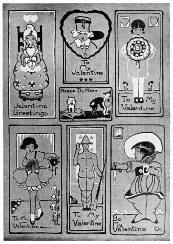 Plate 15 A Page of interesting Valentine designs. The use of a light and dark color against a medium toned paper is a sure way of obtaining quick and effective results. Variations, without figures, can be made by the younger artists.
