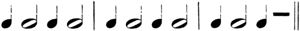 The metre of a catalectic   iambic trimeter in musical notation