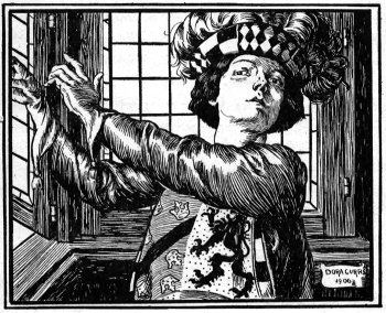 The page Tinseltoes throws the doublet out of the window. The page Tinseltoes throws the doublet out of the window.