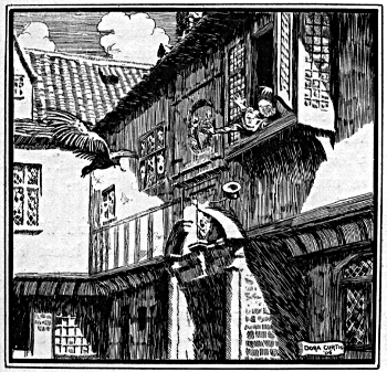 Prince Wisewit, disguised as a bird, escapes out of the window. Prince Wisewit, disguised as a bird, escapes out of the window.