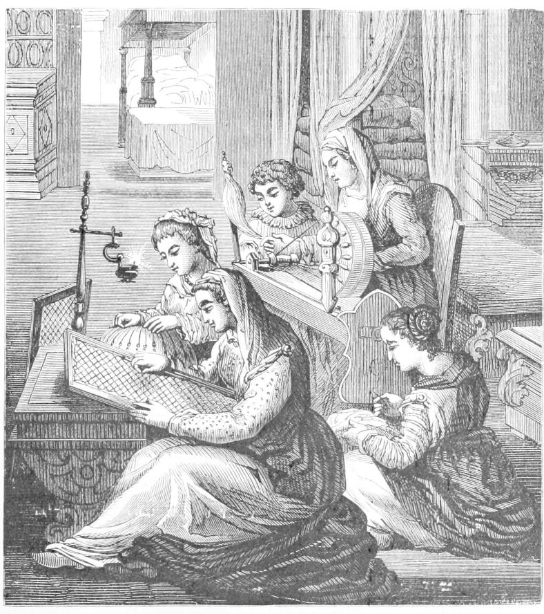 Five women working on pillows and frames Five women working on pillows and frames