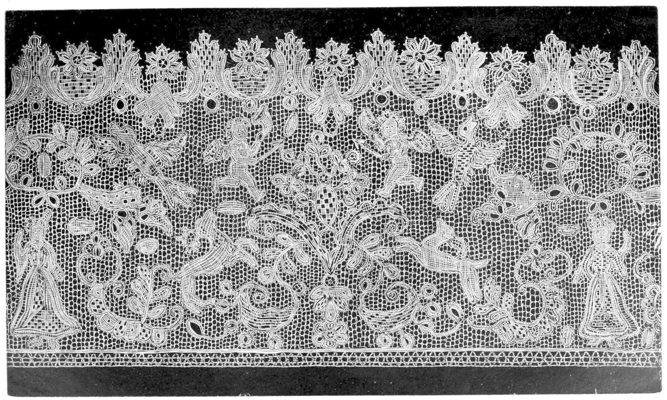 Lace with figures including deer, birds and cherubs Lace with figures including deer, birds and cherubs
