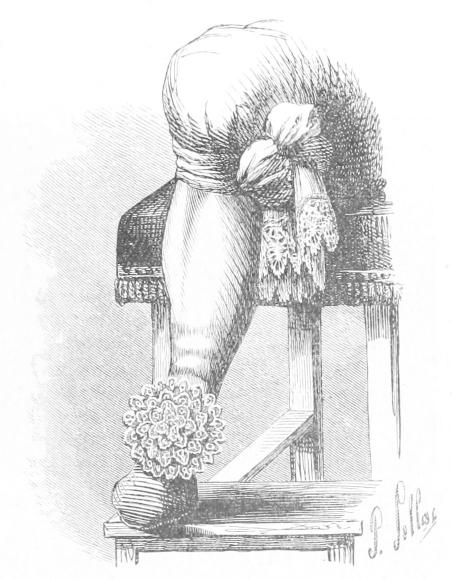 Lace rose on shoe and scarf-like garter tied below knee Lace rose on shoe and scarf-like garter tied below knee