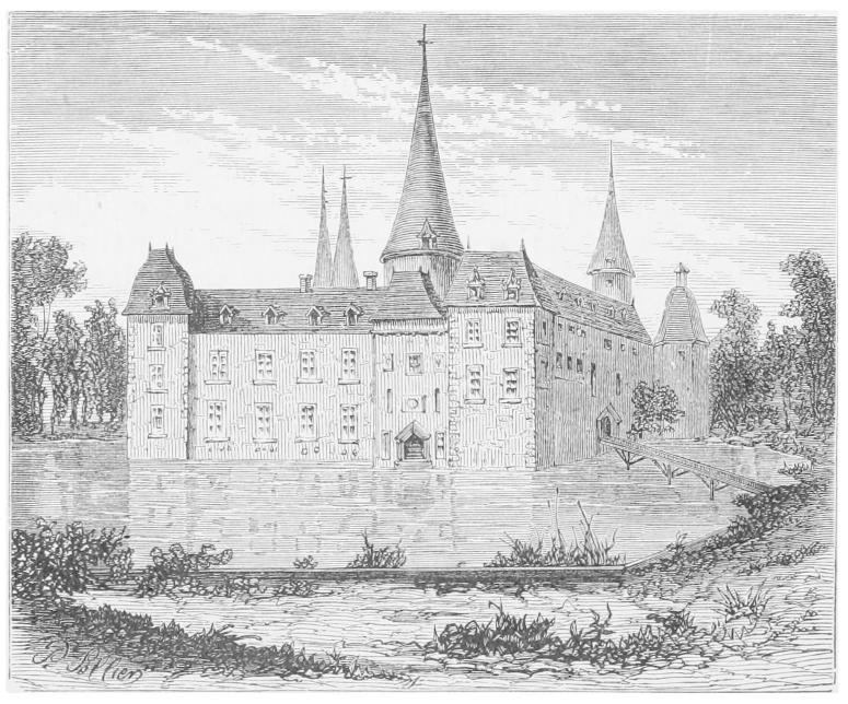 Moated building with conical spires Moated building with conical spires