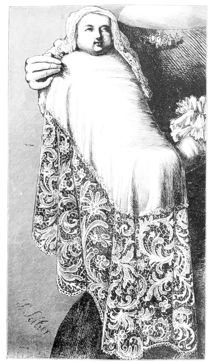 Baby draped in long flowing lace Baby draped in long flowing lace