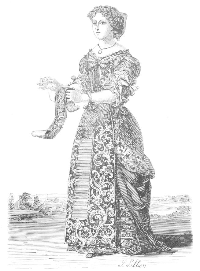 Woman wearing long lace-trimeed apron Woman wearing long lace-trimeed apron