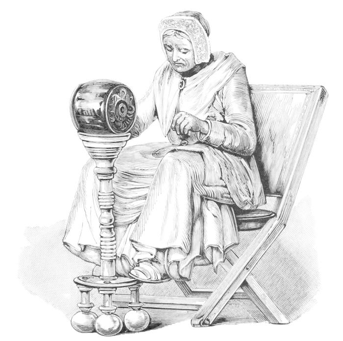 Statuette of woman with raised lace     making drum