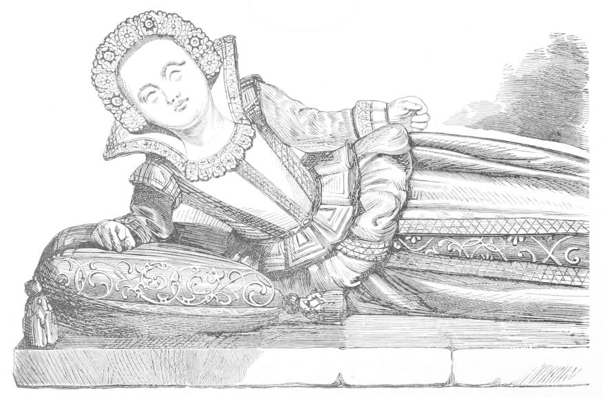 Memorial sculpture of reclining lady with lace head-dress Memorial sculpture of reclining lady with lace head-dress
