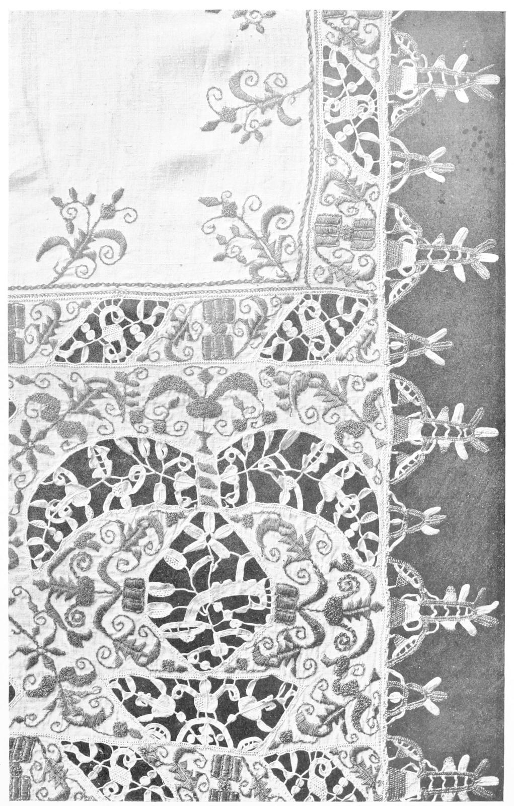 Corner of table cloth with cutouts and     embroidery