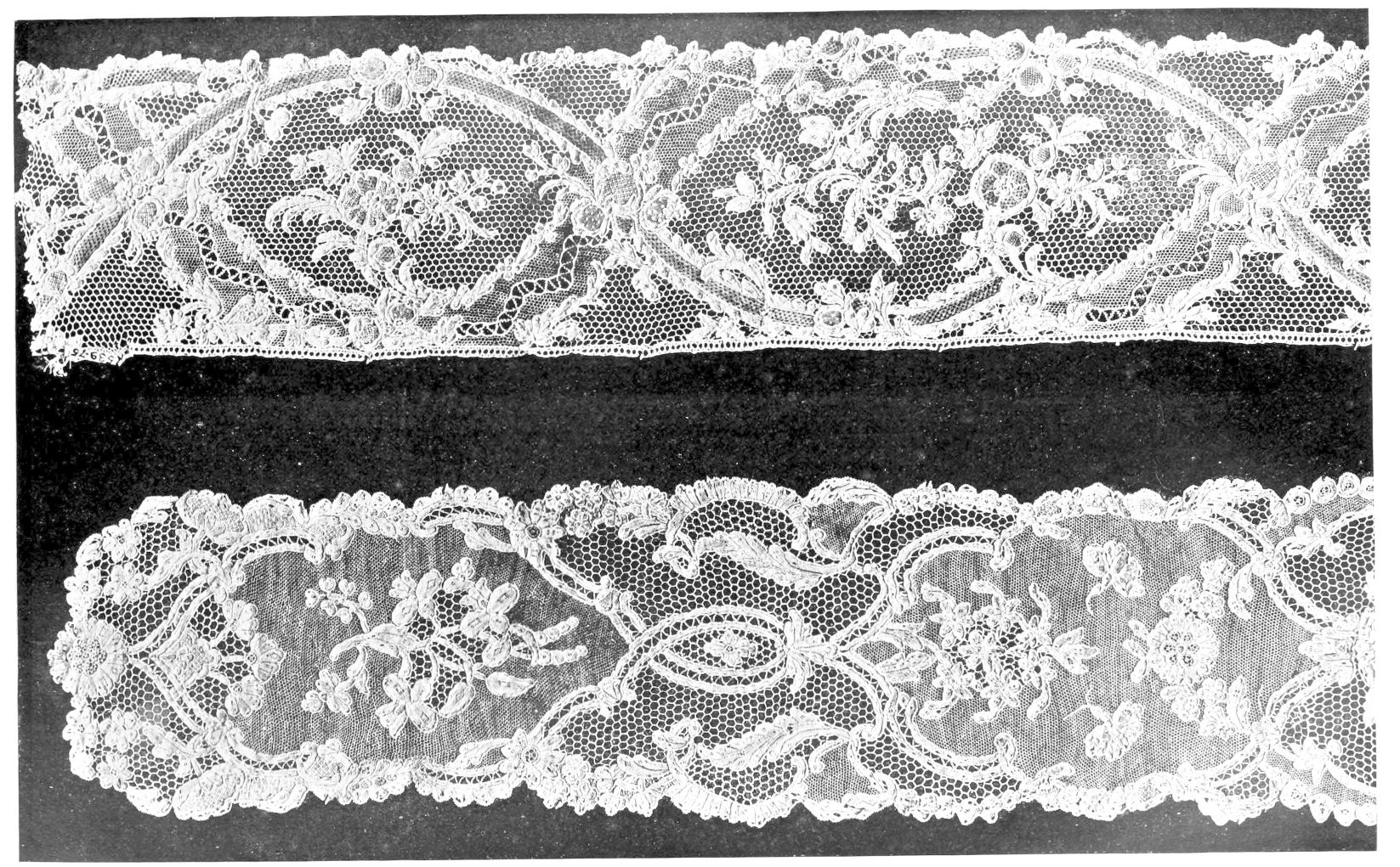 Two strips of lace with hexagonal ground     net