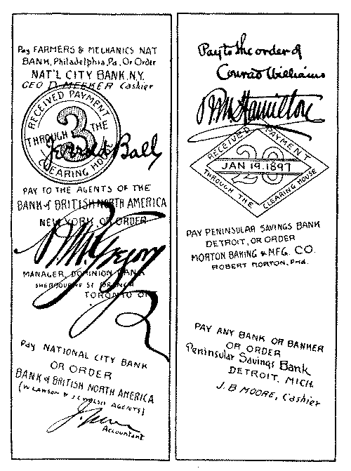 Backs of two paid cheques. Backs of two paid cheques.