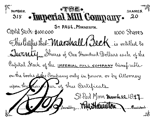 A certificate of stock in a manufacturing company. A certificate of stock in a manufacturing company.
