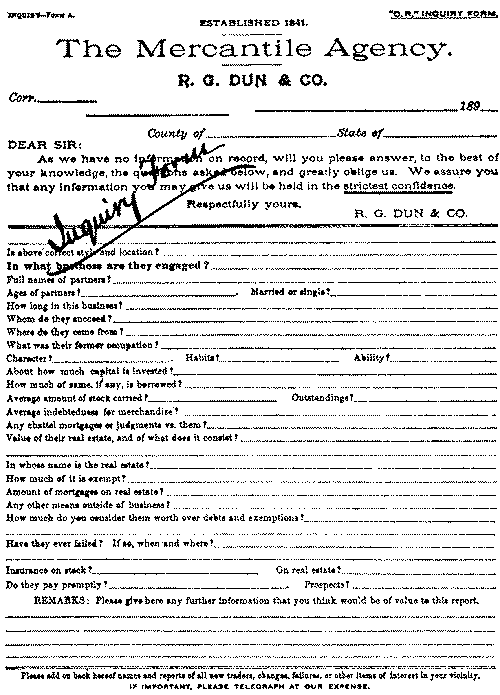 A mercantile agency inquiry form. A mercantile agency inquiry form.