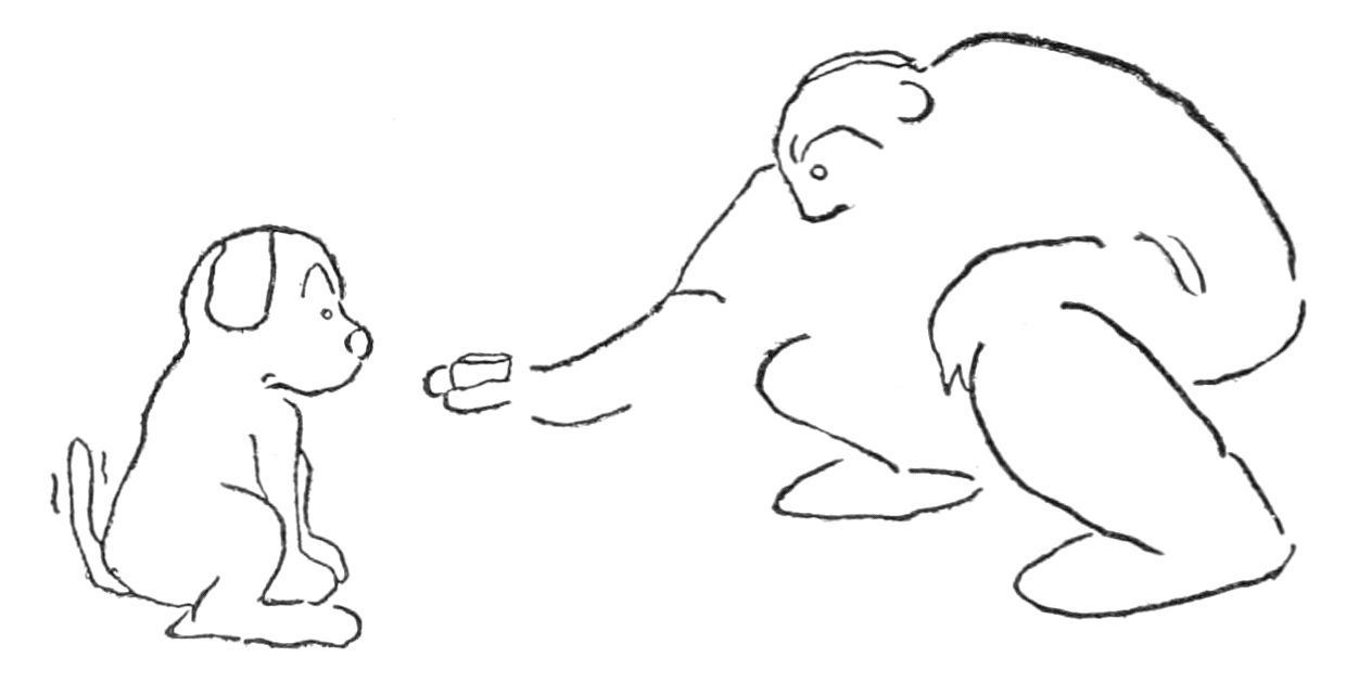 Sketch of man offering a treat to a dog.
