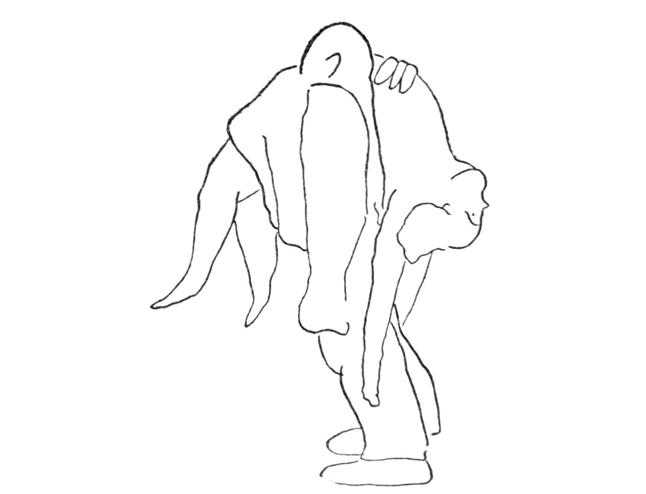 Sketch of a man carrying a woman, face up, slung over his shoulder.