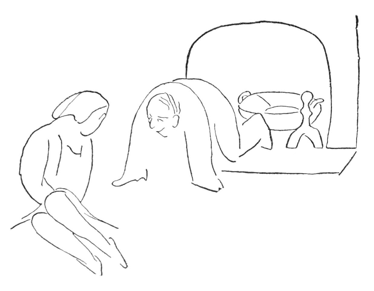 Sketch of man on all fours infront of a fire, facing a woman seated on the floor.