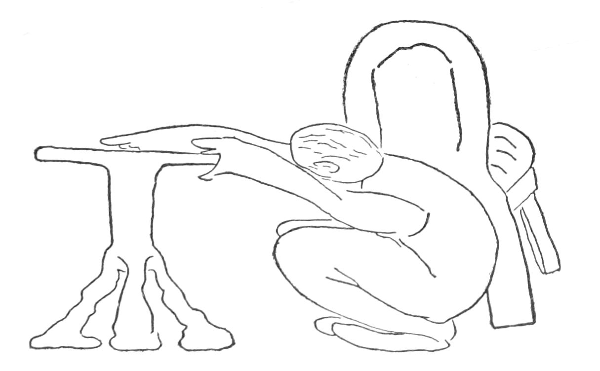 Sketch of man crouched between a table and a chair.