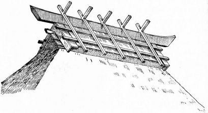 Fig. 85.—Ridge of thatched roof at Kabutoyama, Musashi.