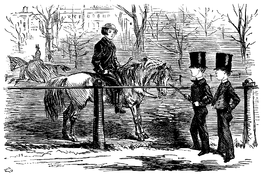 Boys talking to one on pony.