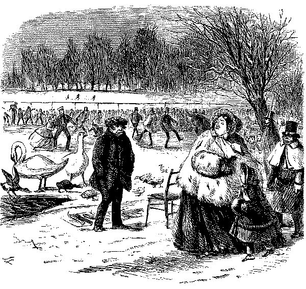Man talking to large lady.