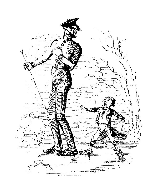 Boy speaking to soldier.