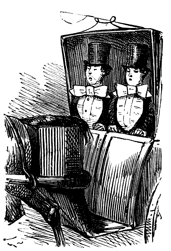 Two youths in evening dress seated in a carriage.