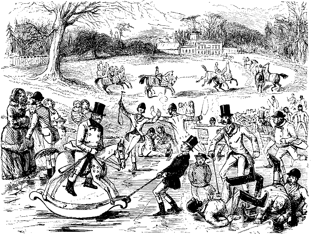 Huntsmen sporting on frozen pond.