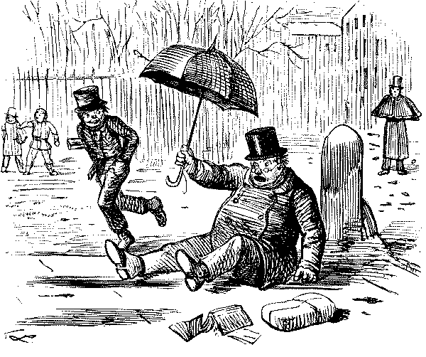 Boy speaking to man who has fallen due to icy path.