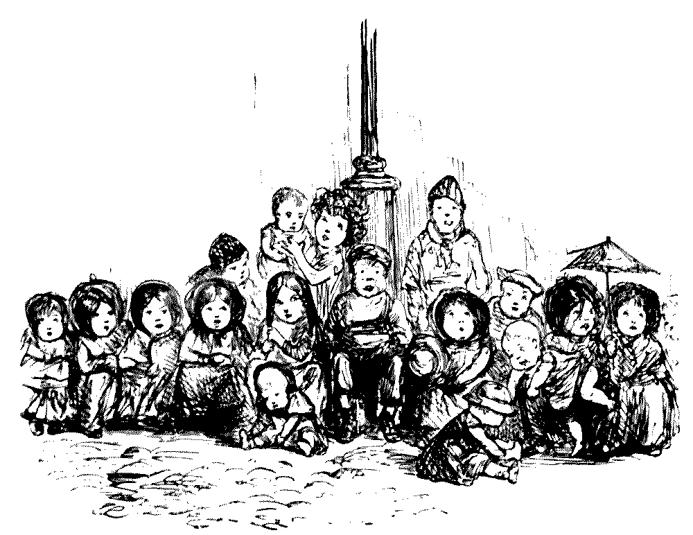 Large group of children watching Punch and Judy.
