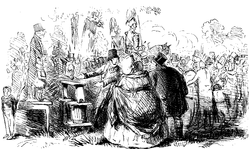 Portly lady is offered a rickety stand to view the parade.