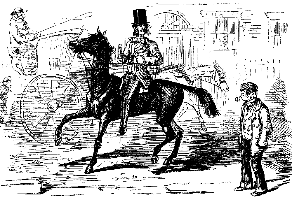 Horse rider speaking to boy.