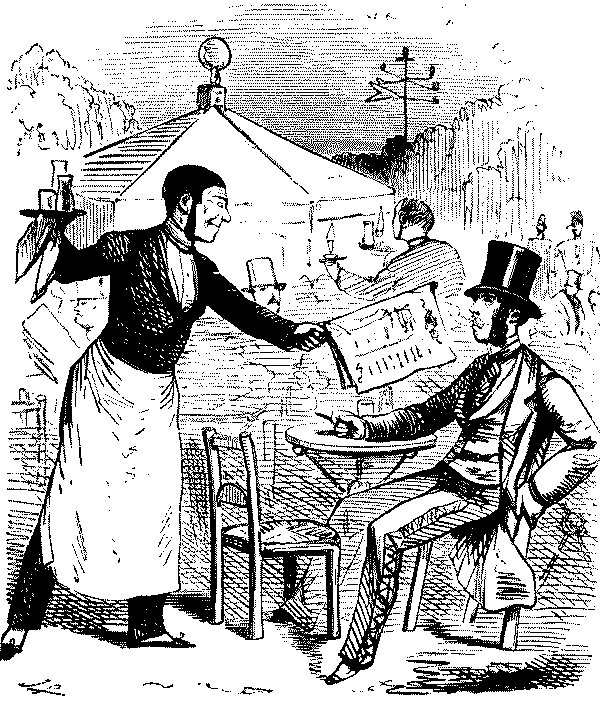 Waiter talking to gentleman.
