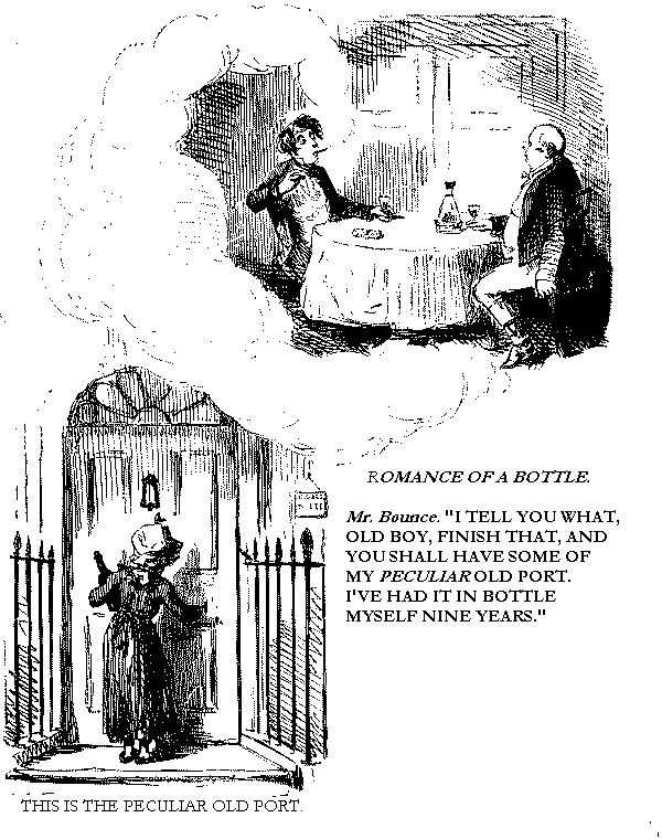Man speaking to friend and maid is at the door with a bottle of port.
