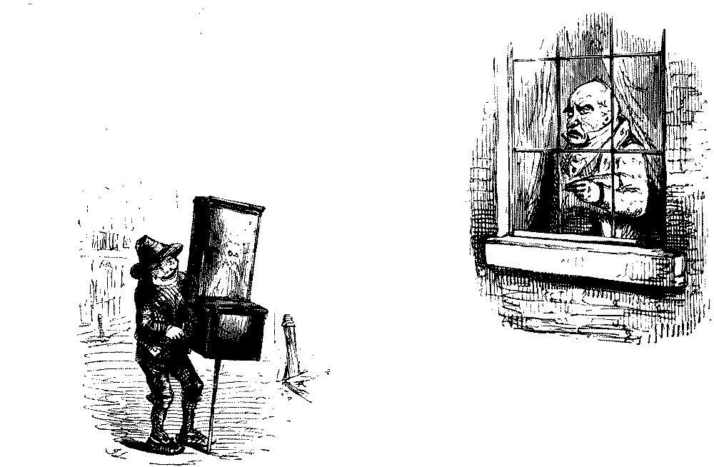 Man looking through window at hurdy-gurdy player.