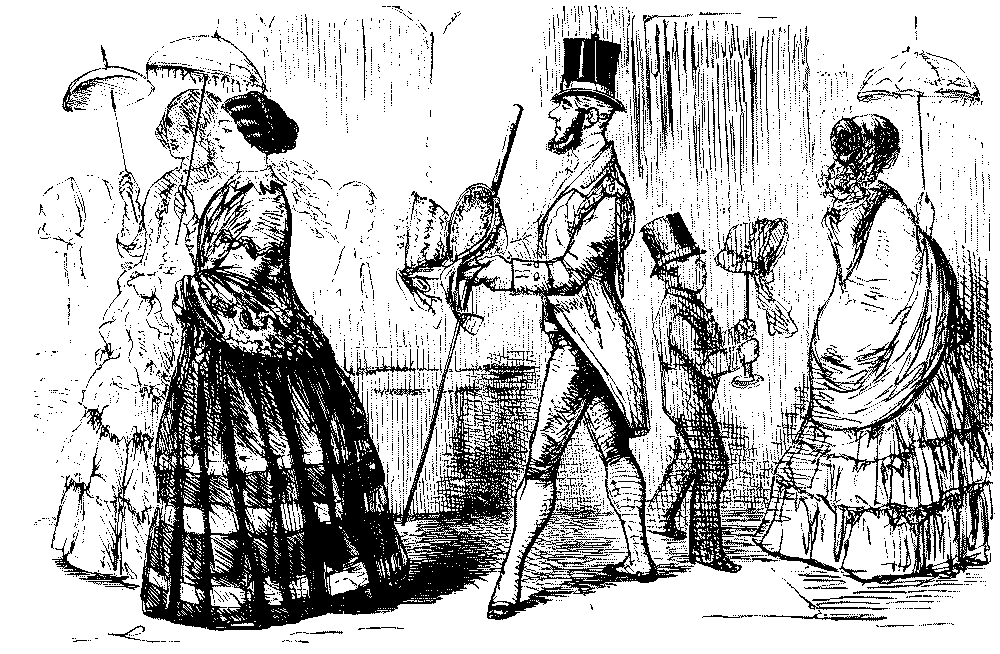 Servant carrying bonnets for two ladies.