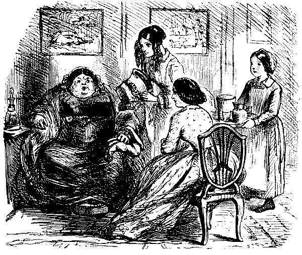Very  large lady speaking to her niece.
