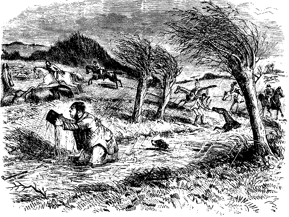 Unseated horse rider in water.