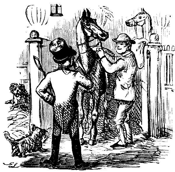 Groom preparing horse for rider.