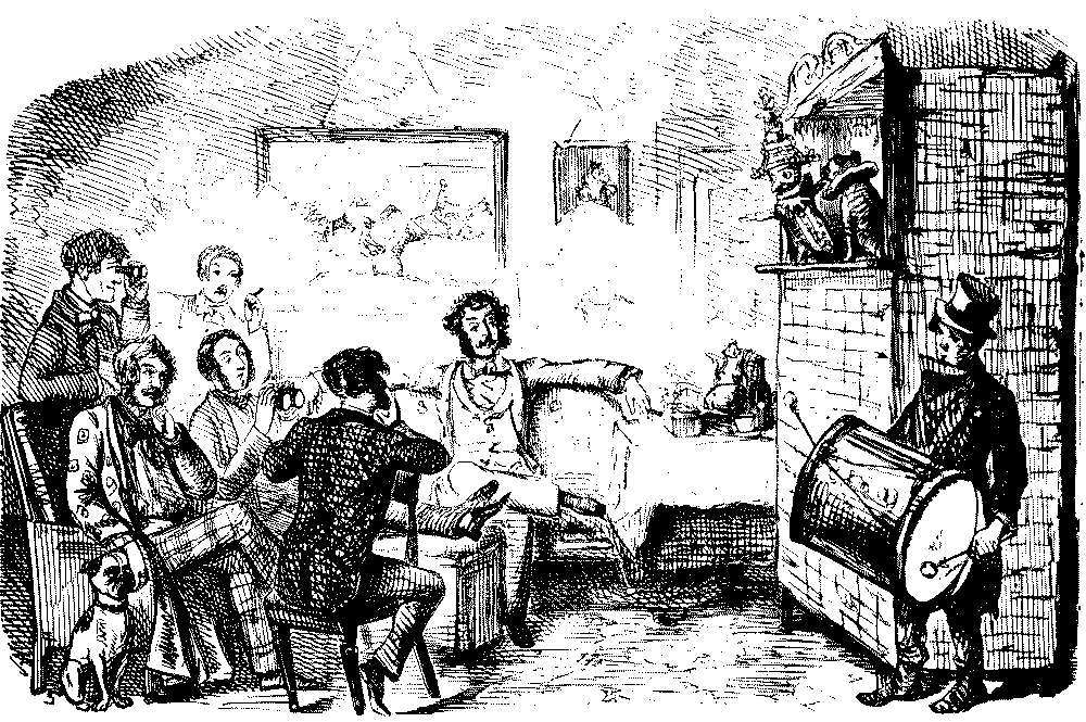 Group of bored men watching a Punch and Judy show.