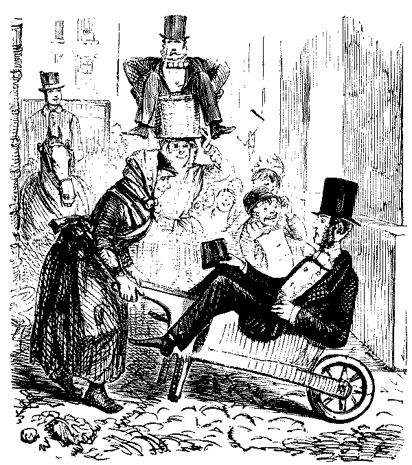 Woman pushing man in wheelbarrow.
