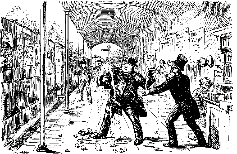 Man spilling food and drink in rush to catch train.