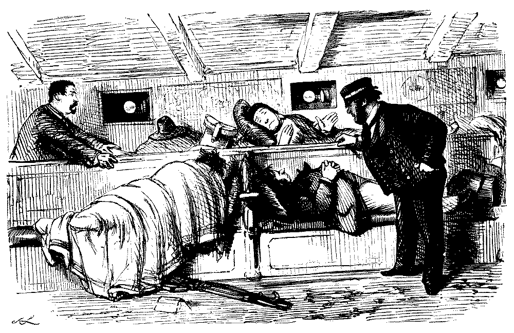 Steward talking to seasick passengers.