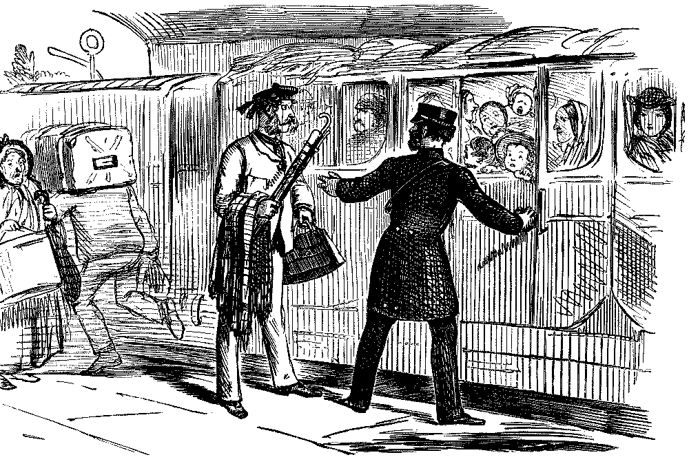 Man about to board train, talking with guard.