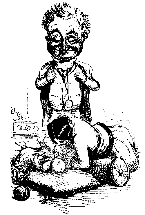 Mr. Punch smiling at woman and baby.