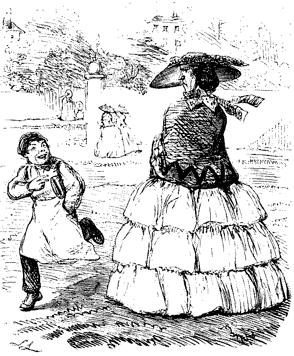 Boy laughing at ladies hat.