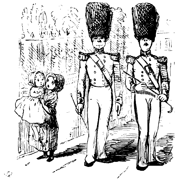 Girl with baby, looking at soldiers.