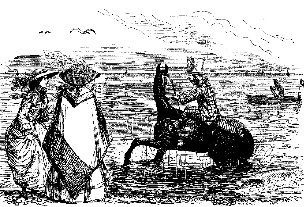 Mr. N. rides his horse into the sea.
